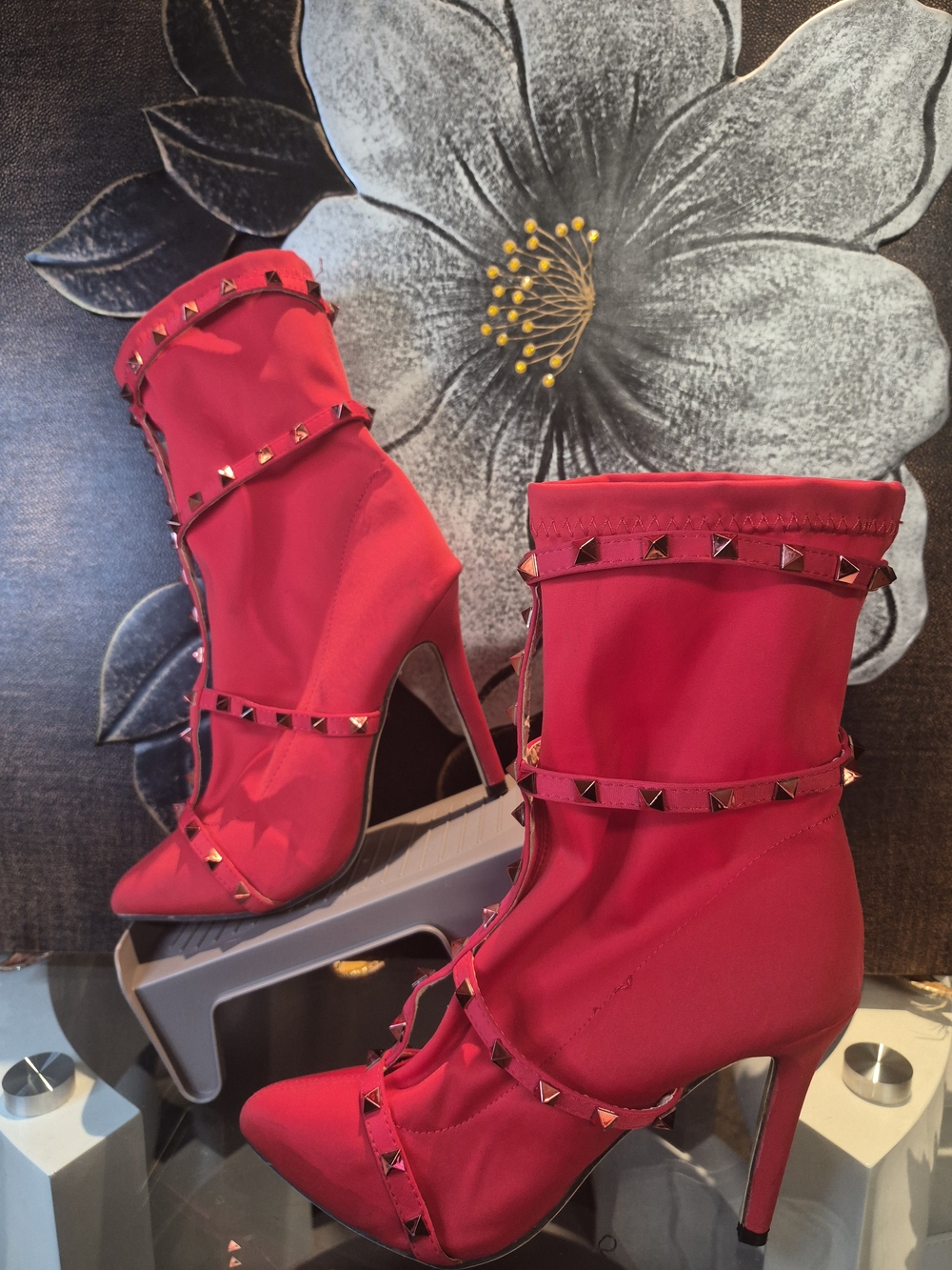 & Other Stories Red Studded Stiletto Ankle Boots